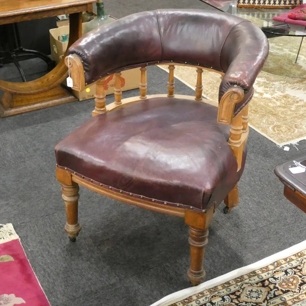 EDWARDIAN BURGUNDY LEATHER UPHOLSTERED TUB CHAIR Image 1++