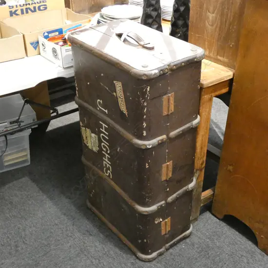 OLD SHIPPING TRUNK BROWN CANVAS 'J. HUGHES'
