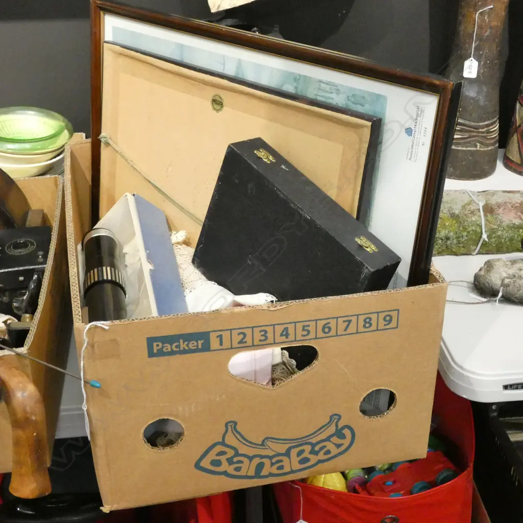 BOX LOT 2 PRINTS, DOLLIES, BRASSWARE, FISH KNIVES, TELESCOPE ETC Image 1++