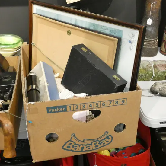 BOX LOT 2 PRINTS, DOLLIES, BRASSWARE, FISH KNIVES, TELESCOPE ETC