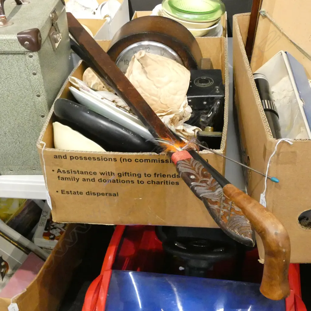 BOX LOT MANTLE CLOCK, CAMERA, MAORI STICK ETC Image 1++