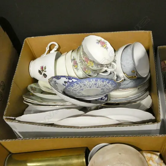 BOX LOT ASST CHINA TEA CUPS & SAUCERS 