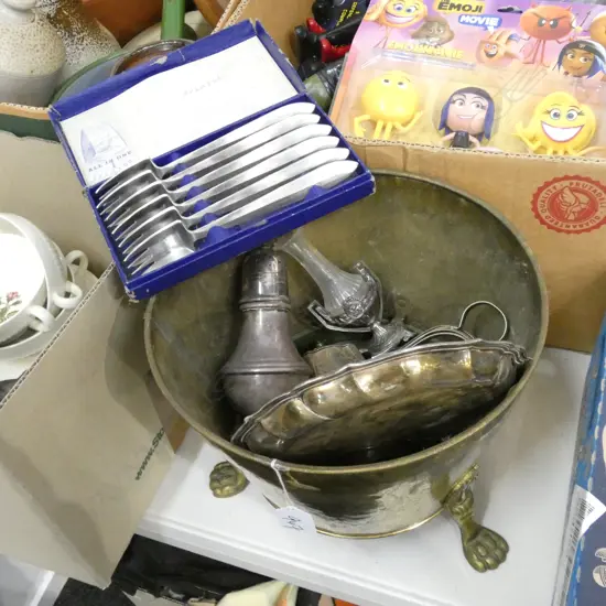 BRASS JARDINIERE & SELECTION OF SILVER PLATE