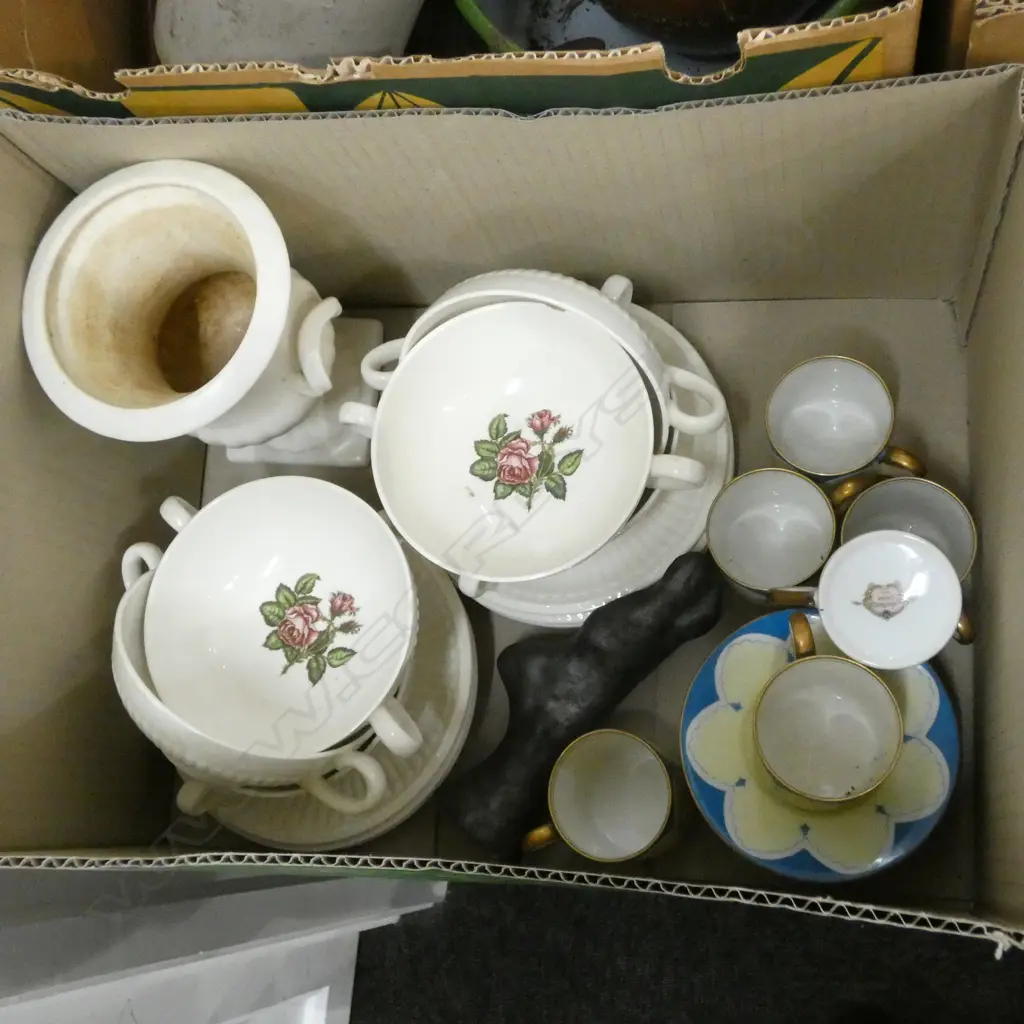 BOX LOT WEDGWOOD SOUP DISHES, DEMITASSE SET ETC Image 1++