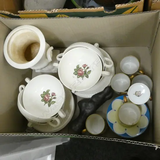 BOX LOT WEDGWOOD SOUP DISHES, DEMITASSE SET ETC