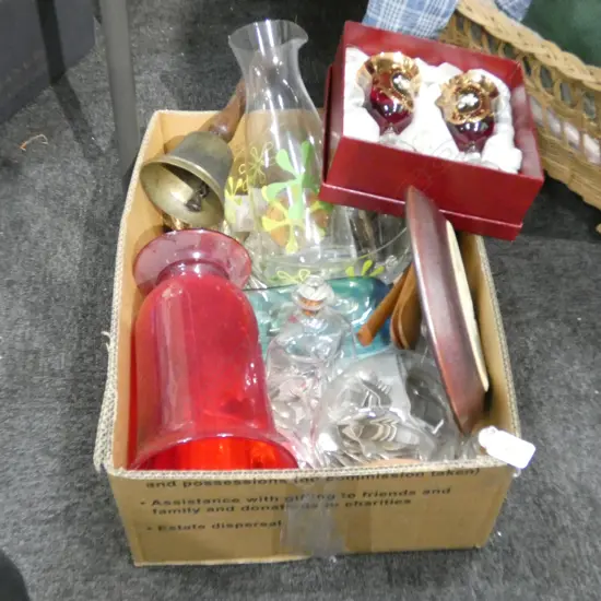 BOX LOT ASST. GLASS, CUTLERY ETC