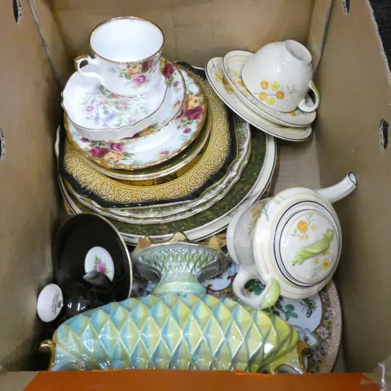 LOT ASSORTED PLATES, TEAPOT, ITALIAN VASE ETC