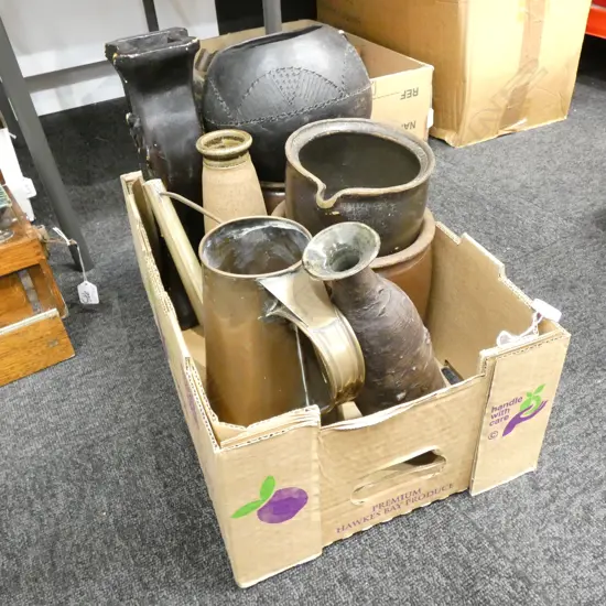 ASSORTED POTTERY, FIJIAN BOWL, WATERING CAN ETC