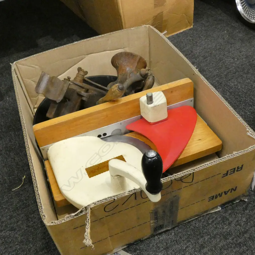 BOX LOT CAST IRON PAN, MEAT SLICER ETC Image 1++