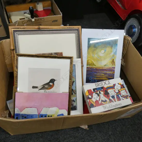 BOX OF BOARD GAMES, FRAMED & UNFRAMED ARTWORKS, BRIDGE CARDS, ETC