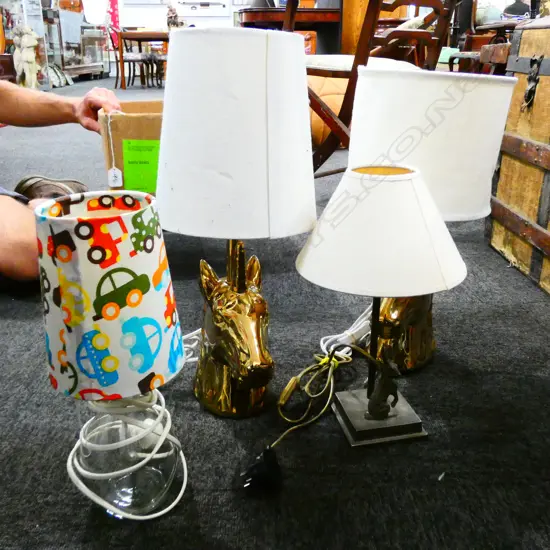 BOX LOT CHILDRENS LAMPS; PR GOLD UNICORNS, CARS, BUNNY