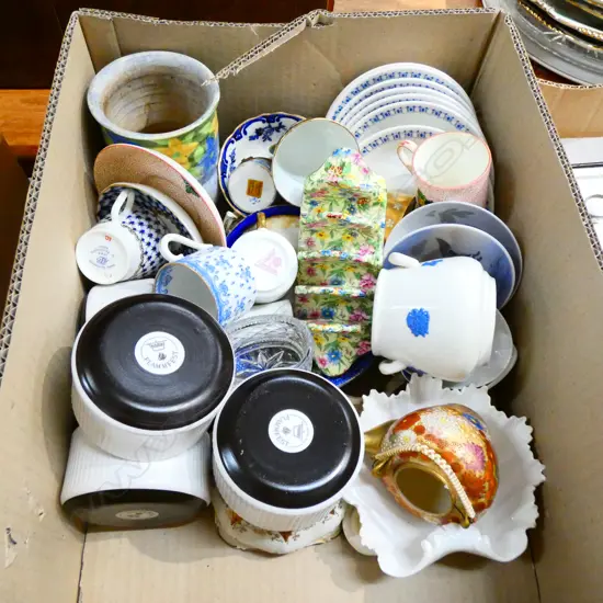 BOX LOT ASST. CHINA INCL; R/COPENHAGEN, WEDGWOOD ETC