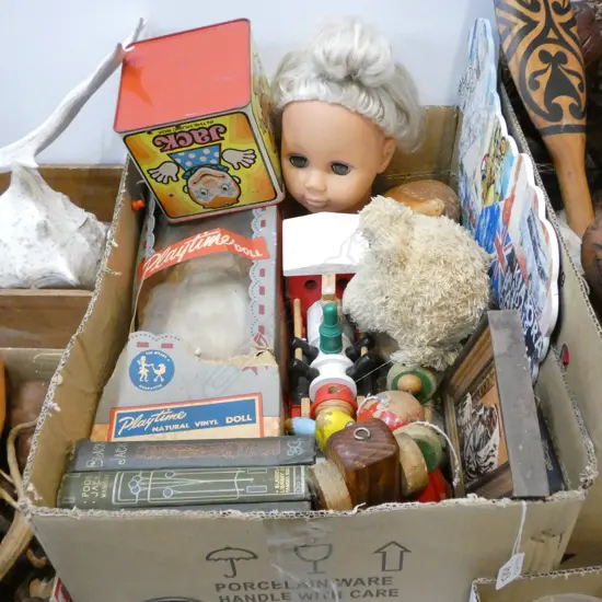 LOT PLAYTIME DOLL/WOODEN TOYS/VINTAGE BOOKS ETC