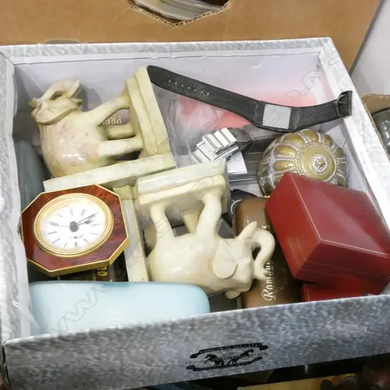 LOT ASST WATCHES/CLOCK/ SOAPSTONE BOOK ENDS ETC