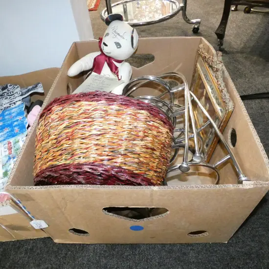 BOX LOT TEDDY SIGNED BY ASST. ALL BLACKS, CAKE STANDS, BRONZE SCOTSMAN ETC