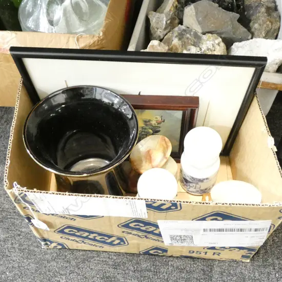 BOX LOT PRINTS, VASE ETC