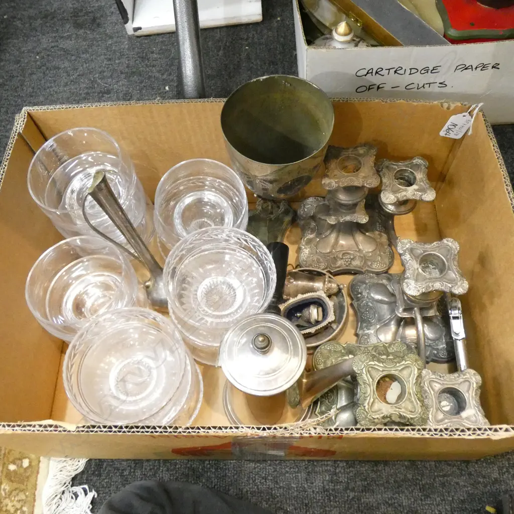 BOX OF SILVER PLATE & CRYSTAL  Image 1++