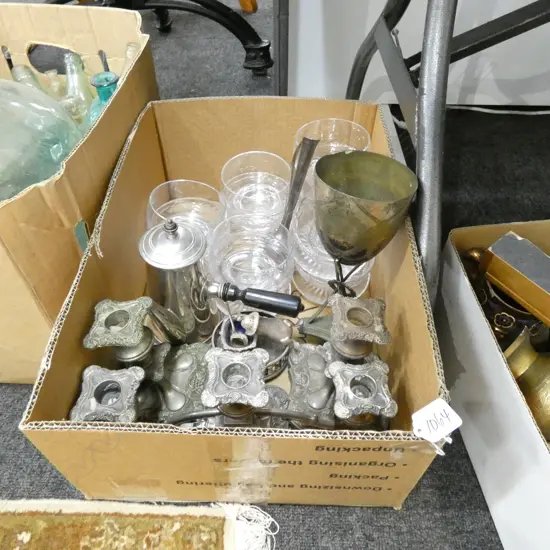 BOX OF SILVER PLATE & CRYSTAL 