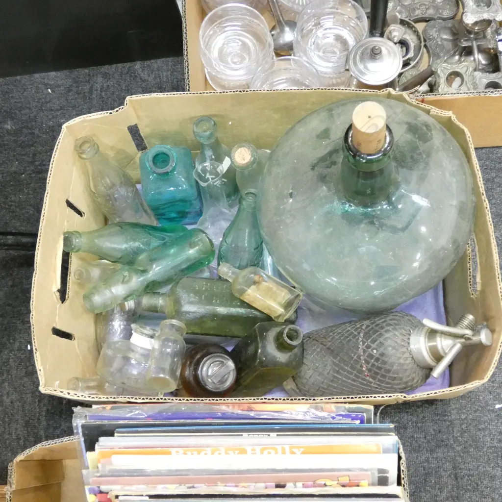 LOT ASST VINTAGE BOTTLES + SIPHON Image 1++