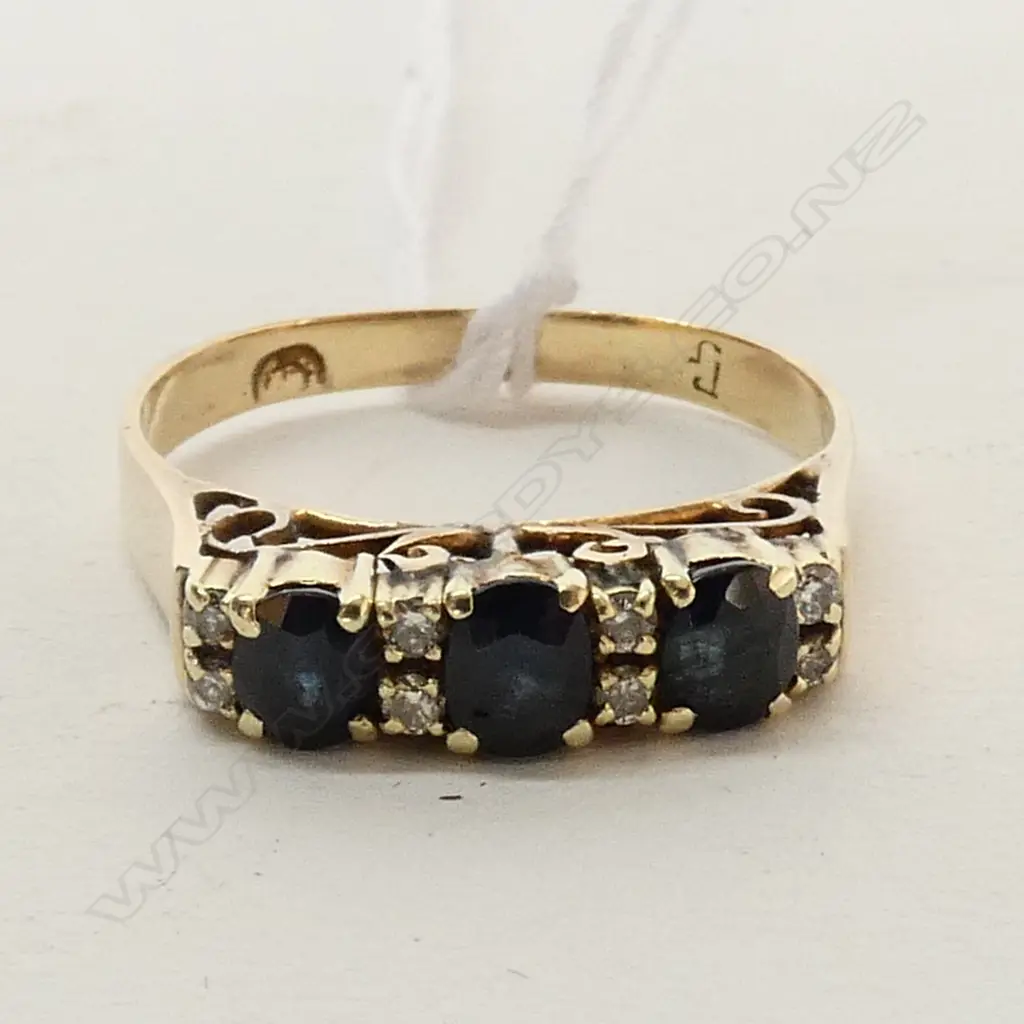 14CT? SAPPHIRE AND DIAMOND BRIDGE RING P SIZE Image 1++