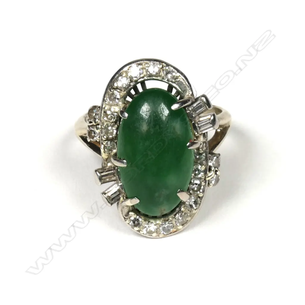 A vintage 14k white gold jadeite and diamond cluster ring Image 1++