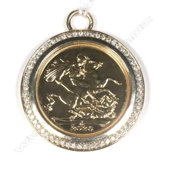 FULL GOLD SOVEREIGN IN GOLD & DIAM. MOUNT. INS VAL. $3200