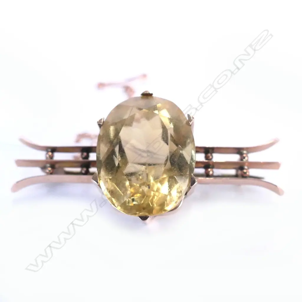 GOLD & CITRINE? 22mm STONE LGE BROOCH 9CT FITTING Image 1++