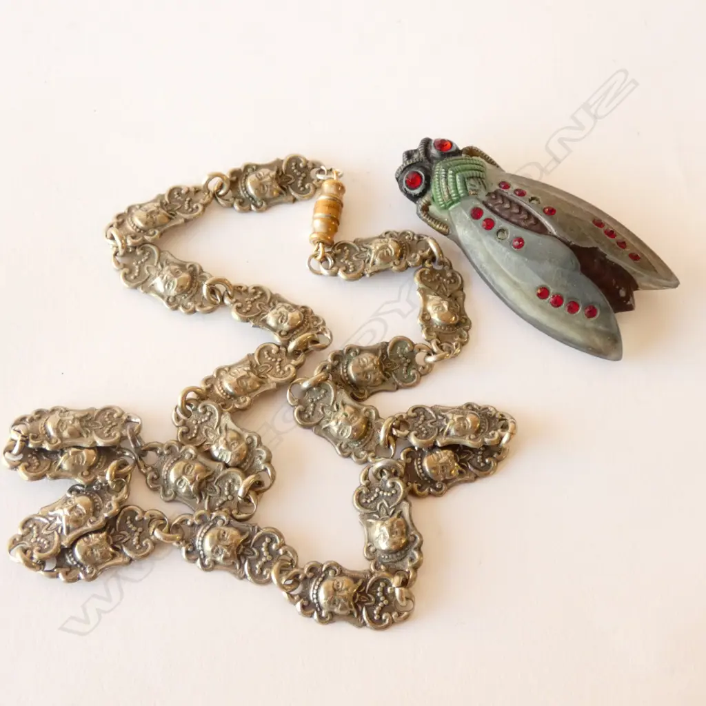 WHITE METAL NECKLACE AND CICADA BROOCH Image 1++