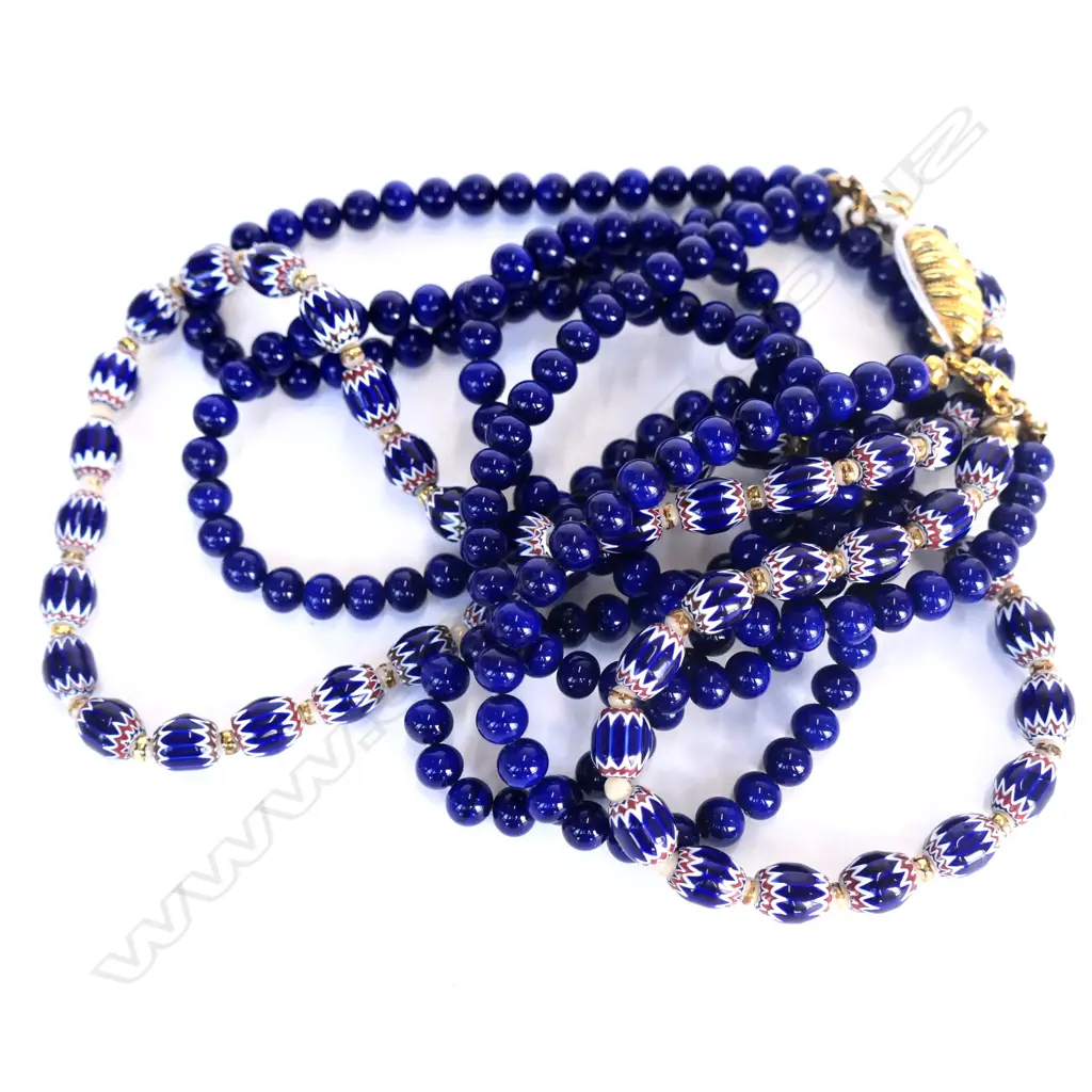 BLUE & COLOURED MURANO TYPE GLASS BEAD NECKLACE 3 STRAND Image 1++