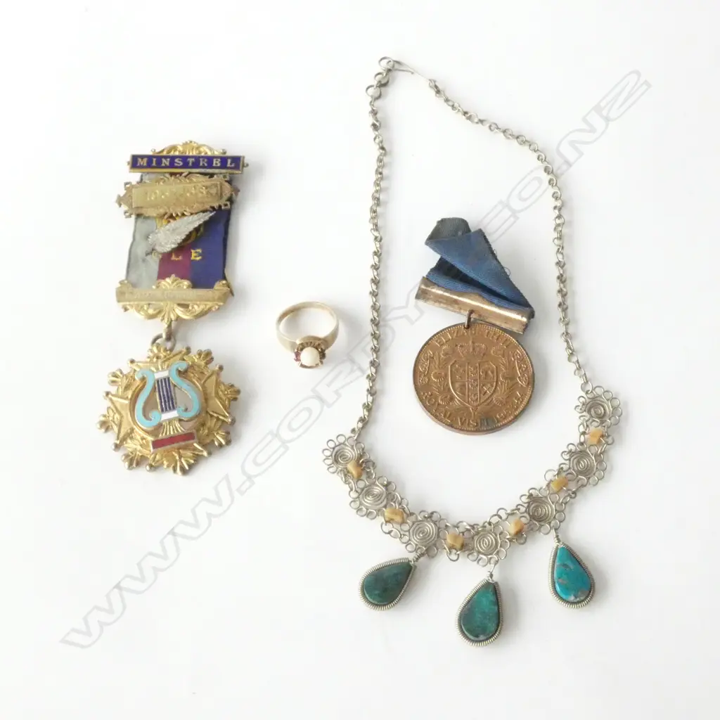 9 CT FAUX PEARL AND RED STONE RING AF 3.7 GRM + SILVER GILT BUFFALO LODGE JEWEL + MEDAL & NECKLACE Image 1++