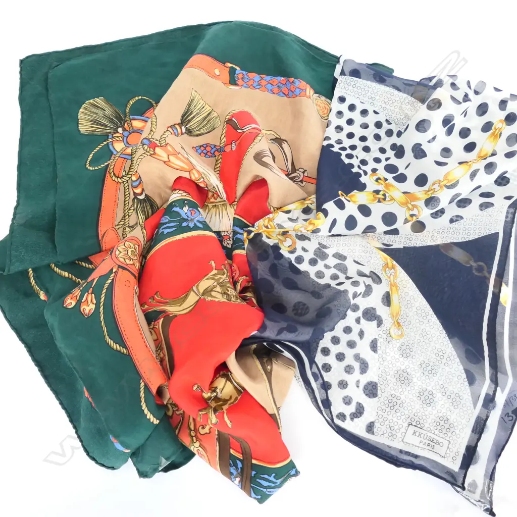 2 HERMES SYLE HAND FINISHED SCARVES; KKUSEBO PARIS & OTHER 850MM SQ Image 1++