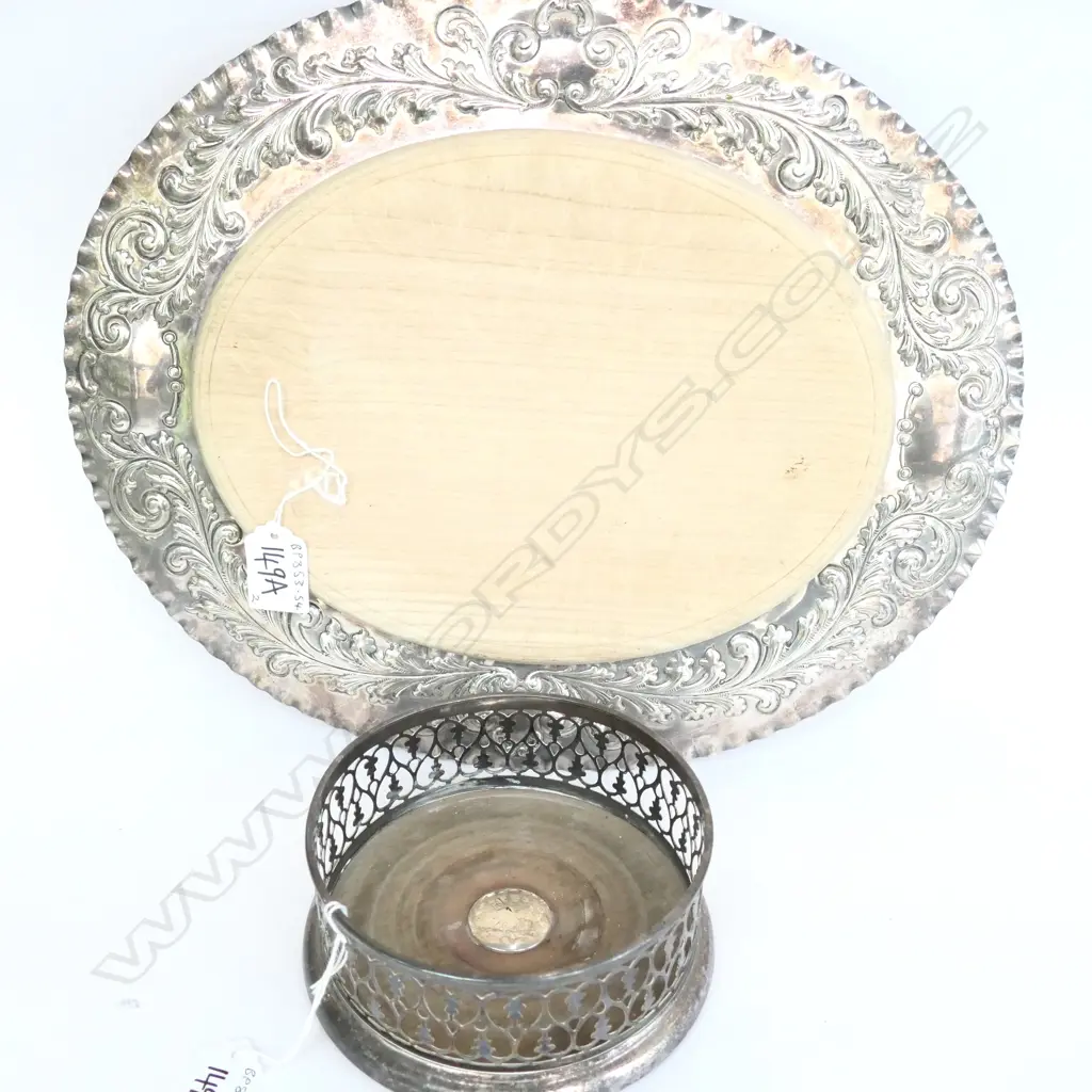 VICTORIAN SILVER PLATE BOTTLE COASTER, CRESTED, TURNED WOODEN BASE + BREAD BOARD Image 1++