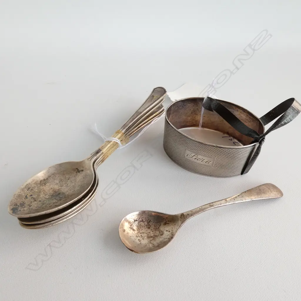 STG SILVER NAPKIN RING + 4 TEASPOONS + ONE Image 1++