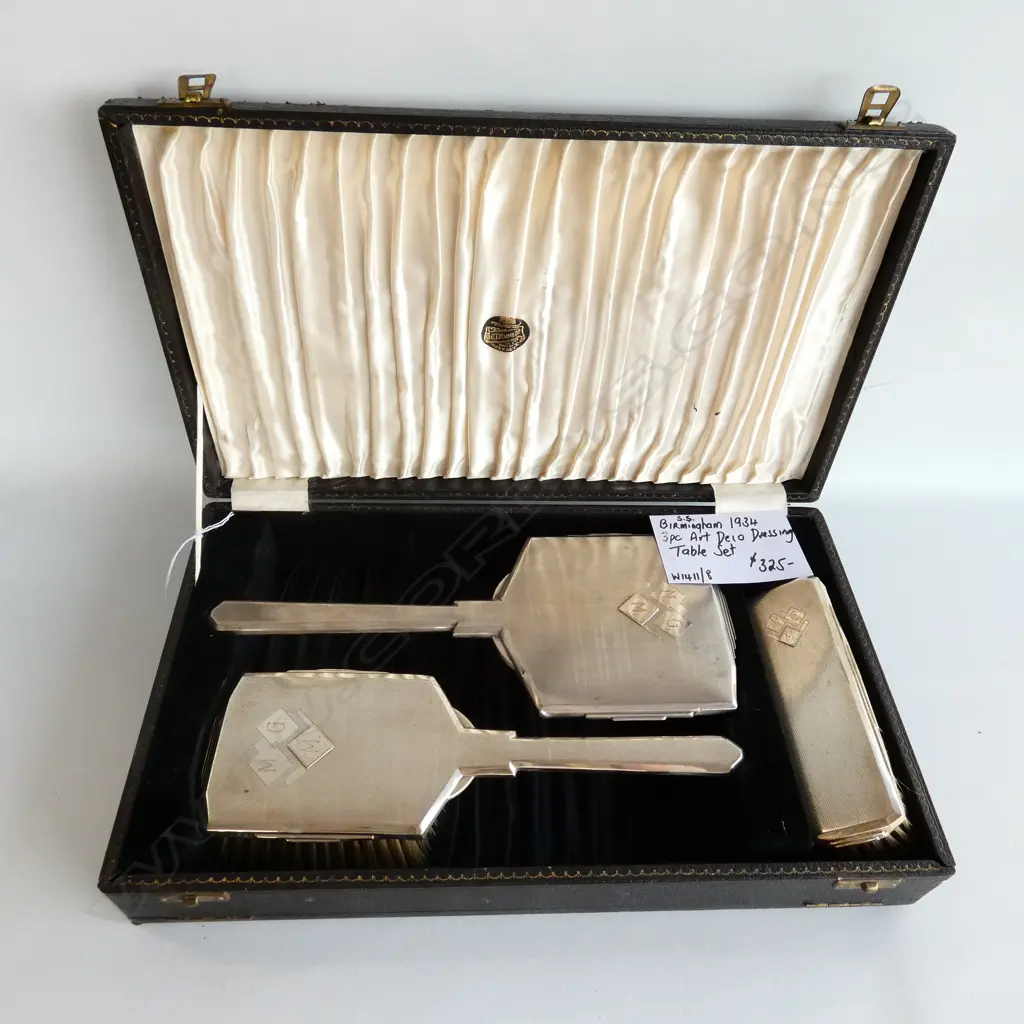 CASED STG SILVER ART DECO DRESSING TABLE SET BIRMINGHAM 1934 Image 1++