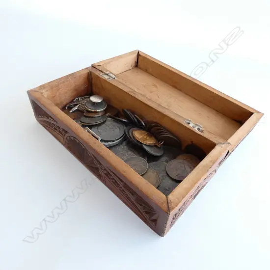 TRAMP WORK BOX WITH ASST. VINTAGE COINS / TOKENS ETC