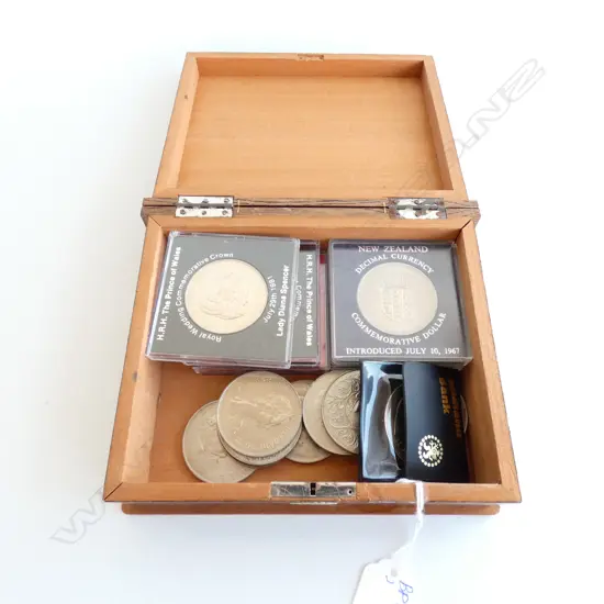 INLAY BOX WITH ASST. COMMEMORATIVE COINS UK, NZ