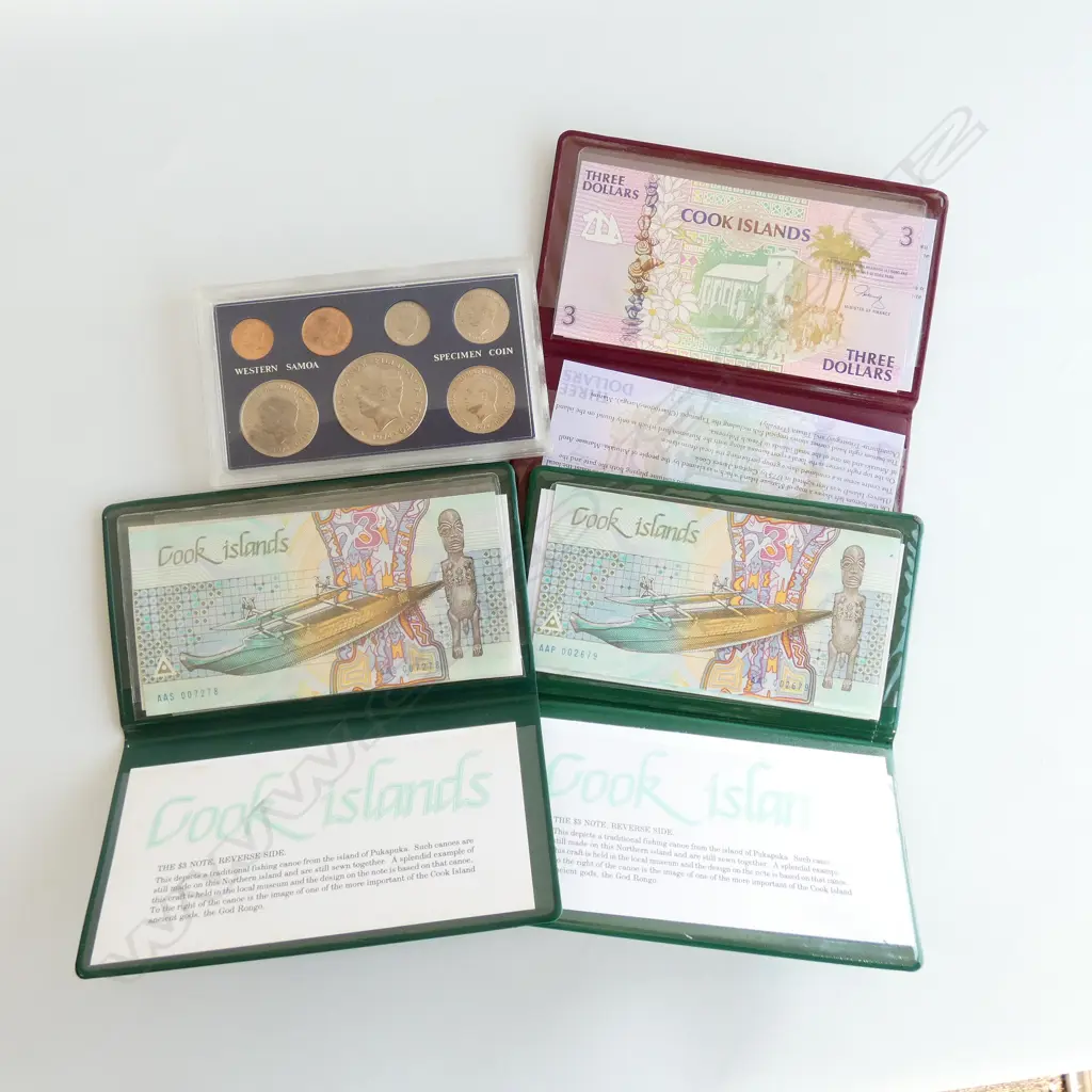 3 COOK ISLAND $3 NOTES + WESTERN SAMOA COIN PROOF Image 1++