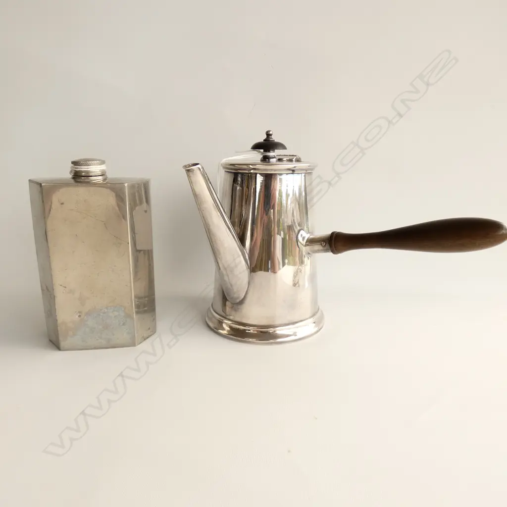 SILVER PLATE CHOCOLATE POT, H.140mm + HIP FLASK Image 1++