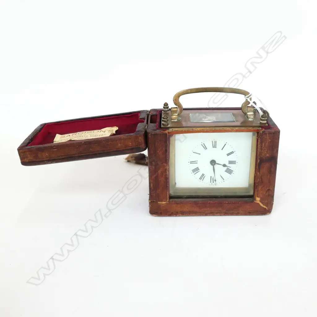 FRENCH BRASS CASED CARRIAGE CLOCK IN LEATHER & GLASS CASE, APPARENTLY WORKING, APPROX H.770mm Image 1++