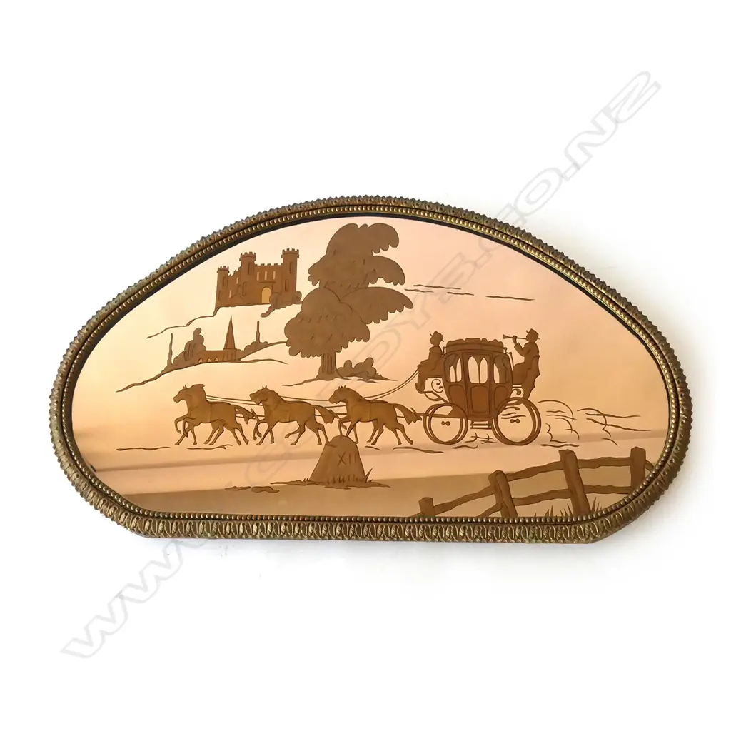 TINTED VINTAGE MIRROR, STAGECOACH & HORSES IN LANDSCAPE, 950 X 510MM Image 1++