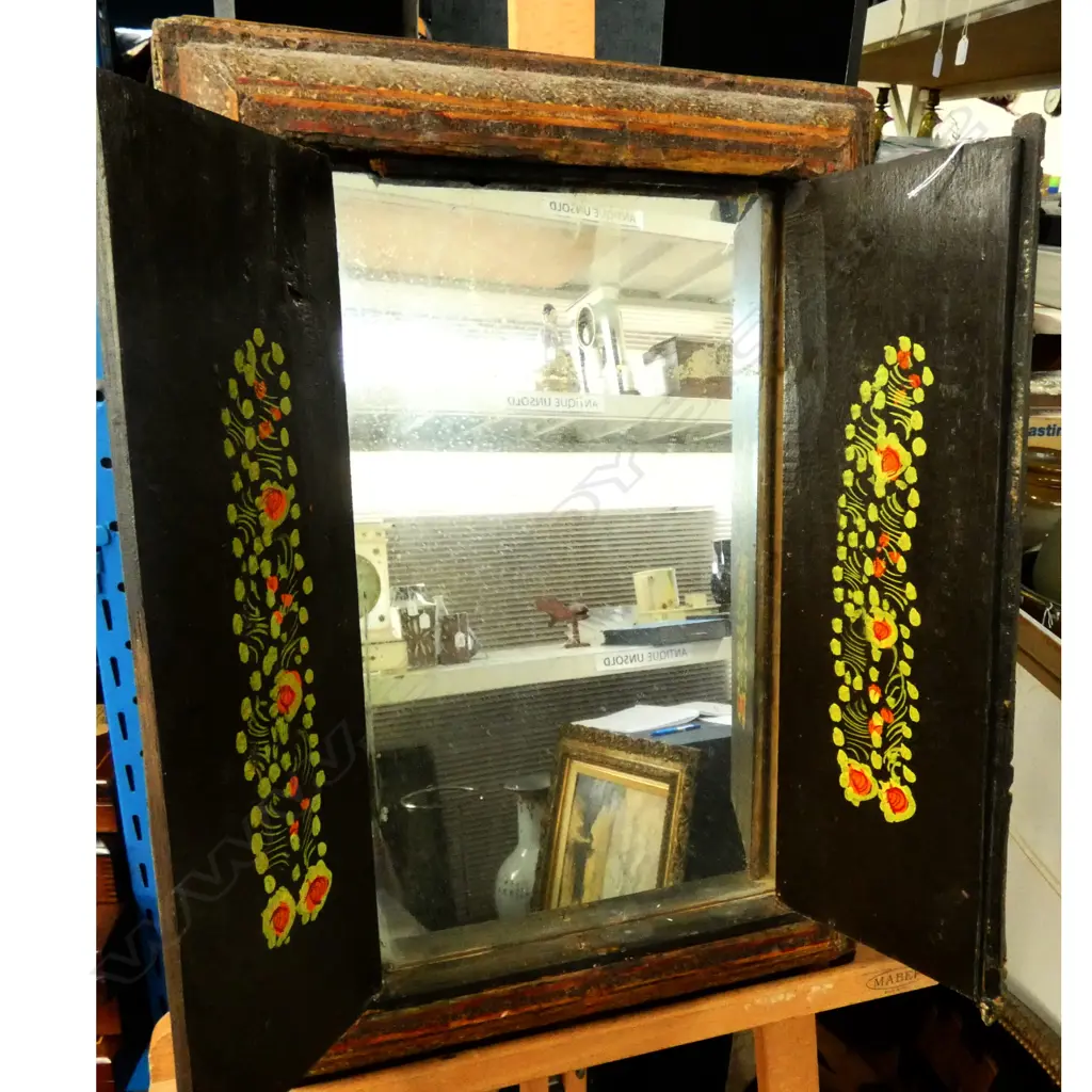 EARLY ISLAMIC PAINTED SHUTTER FRAMED MIRROR Image 1++