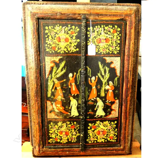 EARLY ISLAMIC PAINTED SHUTTER FRAMED MIRROR