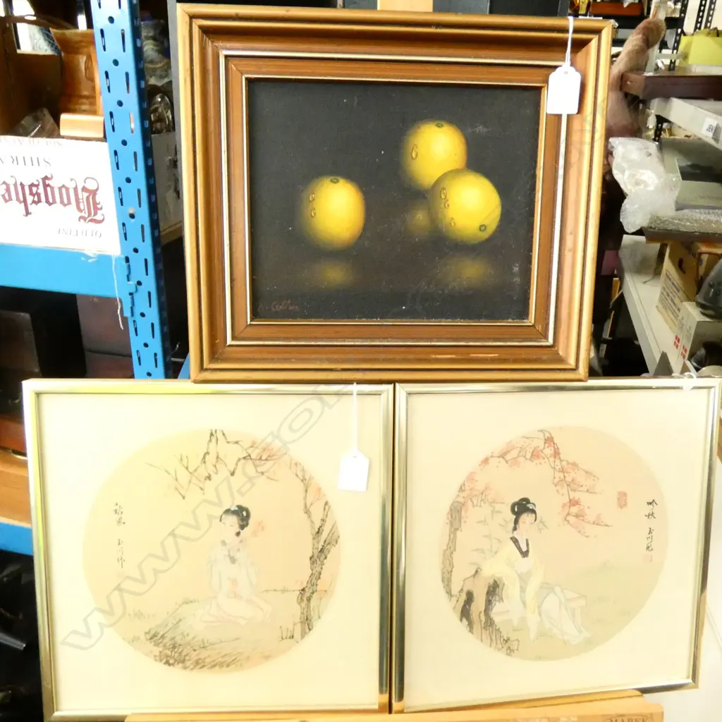 X. COTTON SIGNED STILL LIFE LEMONS OIL ON BOARD + 2 CHINESE SILK PAINTINGS 310MM SQ Image 1++