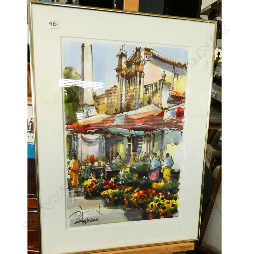 PASCAL MAUCORANT PRINT w HAND COLOUR TOUCHES FLOWER MARKET PLACE DE VERDUN, PARIS Image 1++