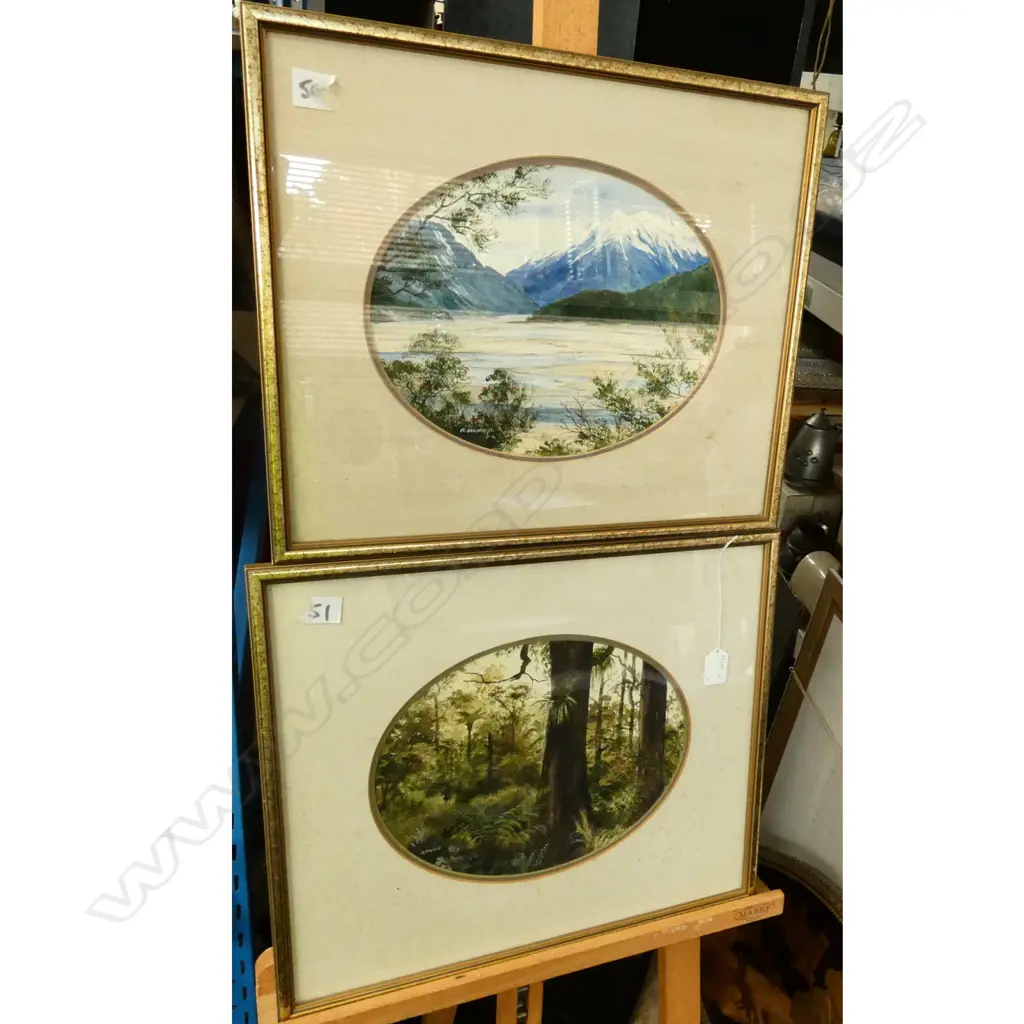 RONA SWIFT, 2 OVAL WATERCOLOURS, ‘HAAST RIVER’ AND BUSH SCENE Image 1++