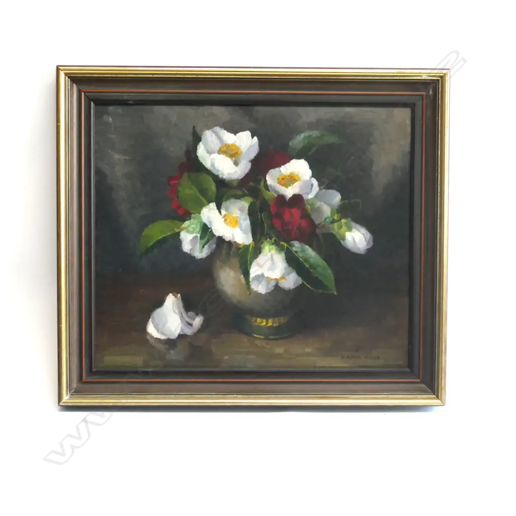 DOROTHY MILNE, OIL, STILL LIFE CAMELLIAS IN A VASE, SIGNED. 395 x 470mm Image 1++