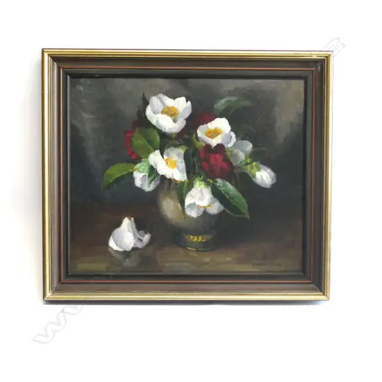 DOROTHY MILNE, OIL, STILL LIFE CAMELLIAS IN A VASE, SIGNED. 395 x 470mm