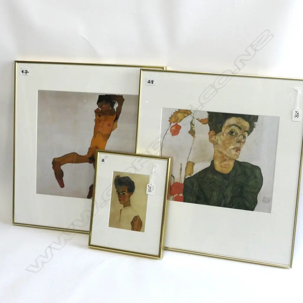 3 PRINTS BY EGON SHIELE, NUDE SELF PORTRAIT, SELF PORTRAIT WITH CHINESE LANTERNS, SELF PORTRAIT 1910 Image 1++