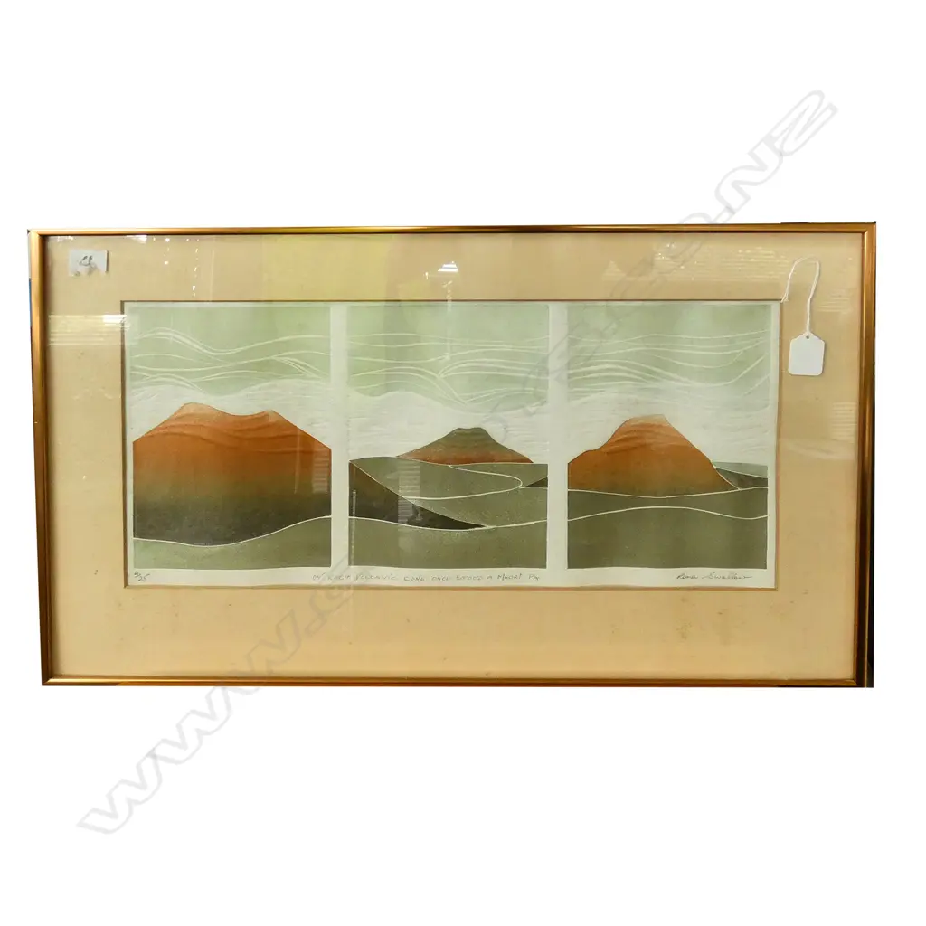 RONA SWALLOW ETCHING ‘ON EACH VOLCANO ONCE STOOD A MAORI PA’ Image 1++