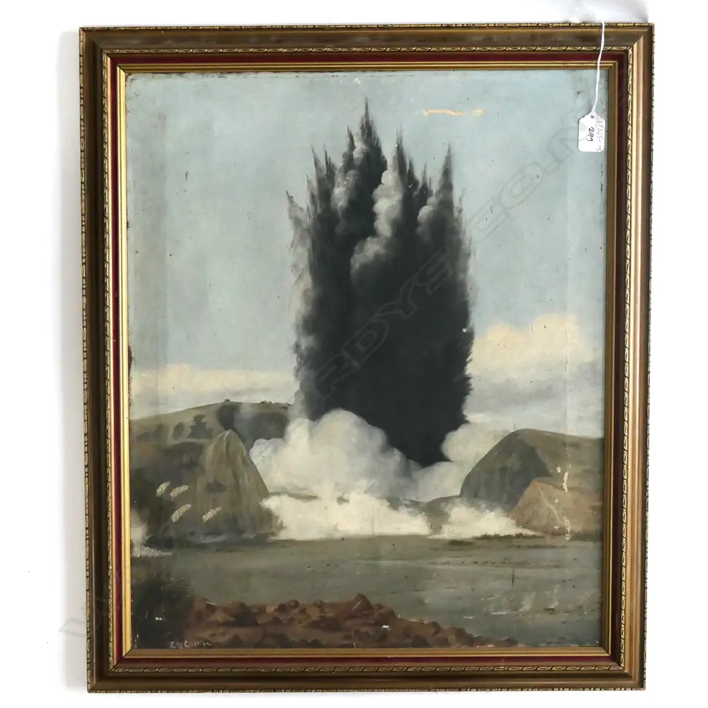 AN C1902 OIL OF WAIMANGU ERUPTING NEAR  ROTORUA SIGNED E LE GRICE 640MM Image 1++